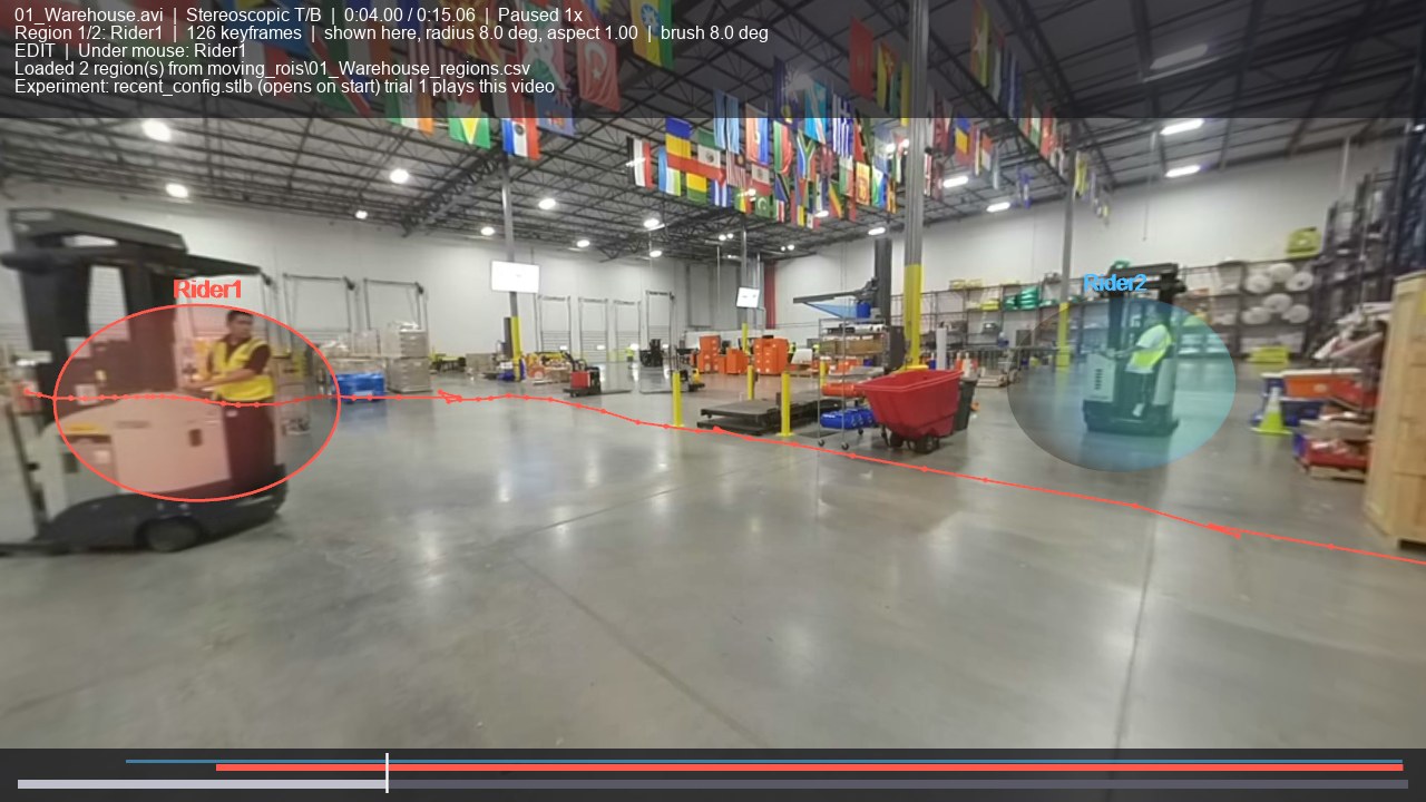 The 360 ROI Path Tracer in a warehouse video, with regions following two forklift riders, the selected region's path drawn across the floor, and a timeline showing when each region appears