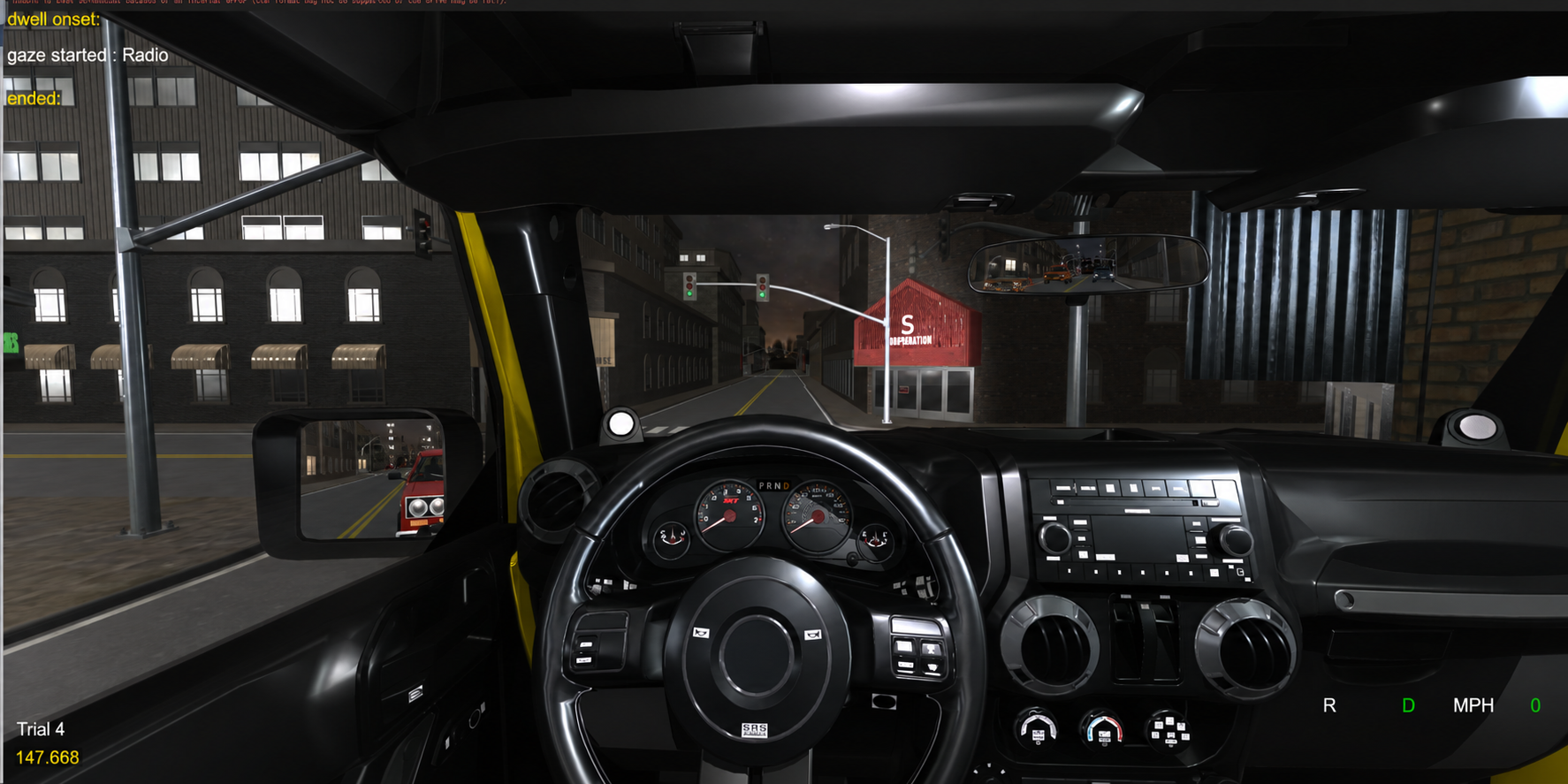 Night trial with the headlights on, recording the driver's gaze on the car radio