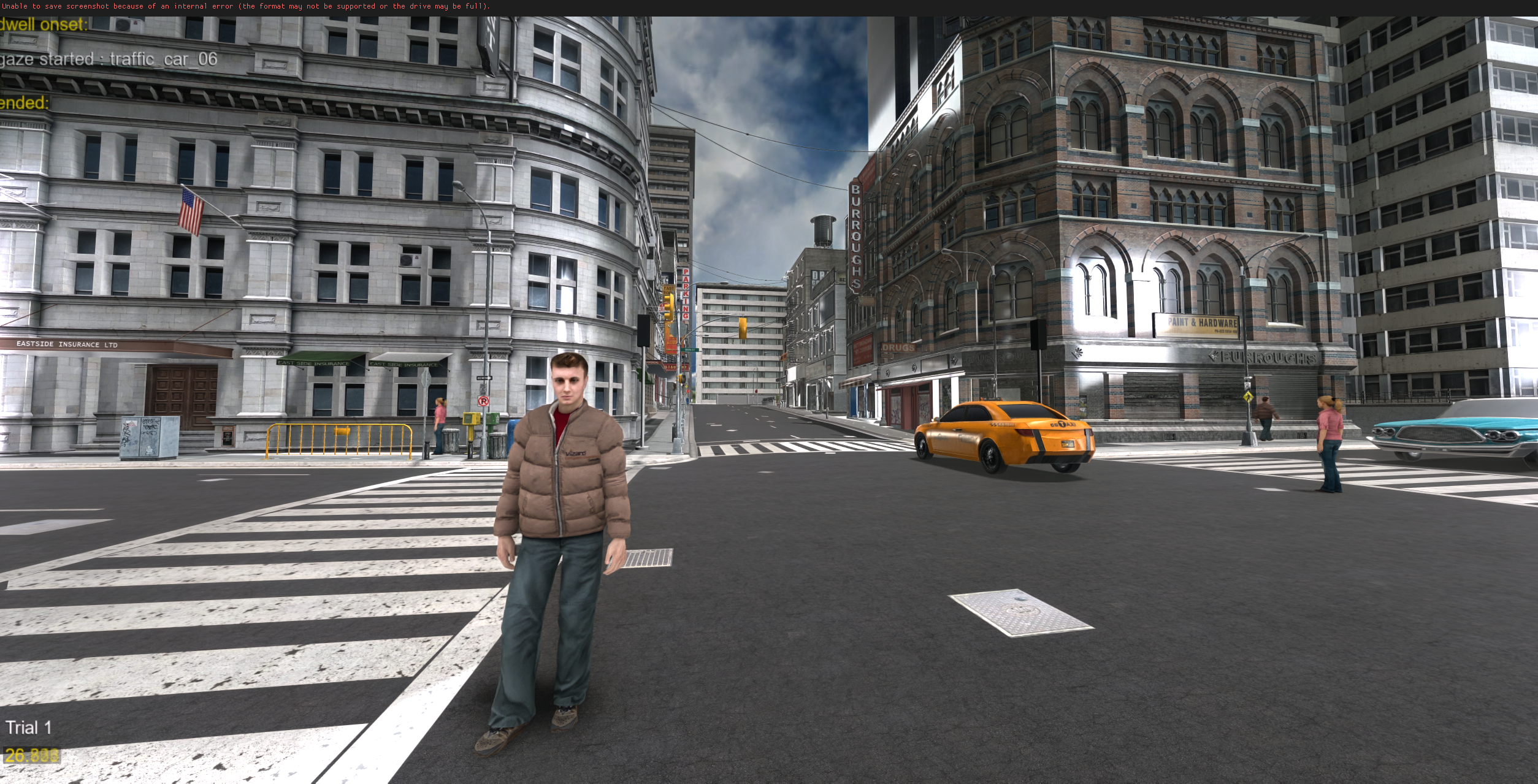 A pedestrian avatar at a crosswalk, with a taxi and other pedestrians in the background