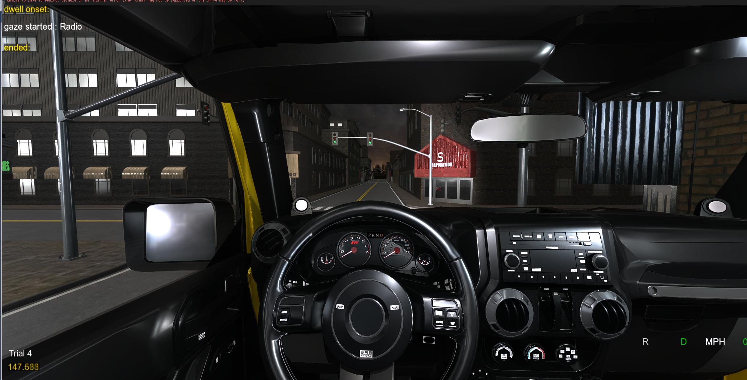 Night trial with the headlights on, recording the driver's gaze on the car radio