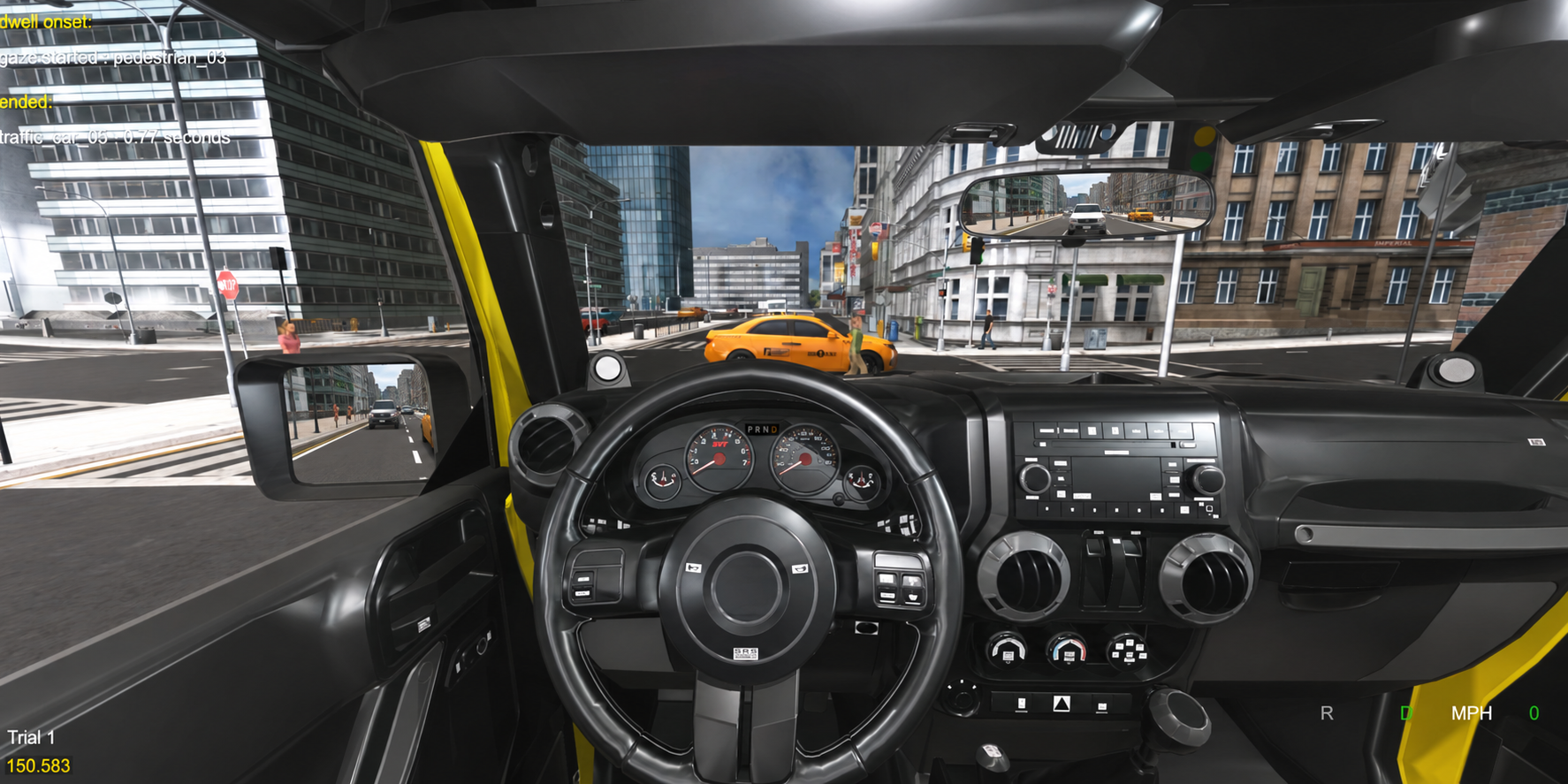 Driver's view from the jeep at a city intersection, with a taxi, pedestrians, and the speed and gear display