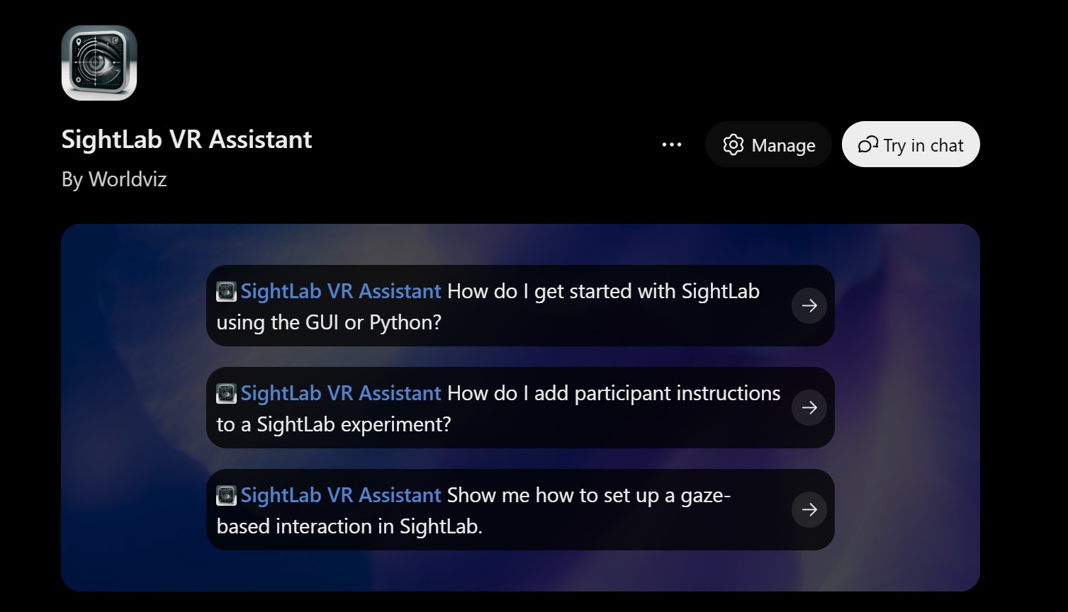The SightLab VR Assistant plugin listing by WorldViz, with suggested questions about getting started with the GUI or Python, adding participant instructions, and setting up gaze-based interactions