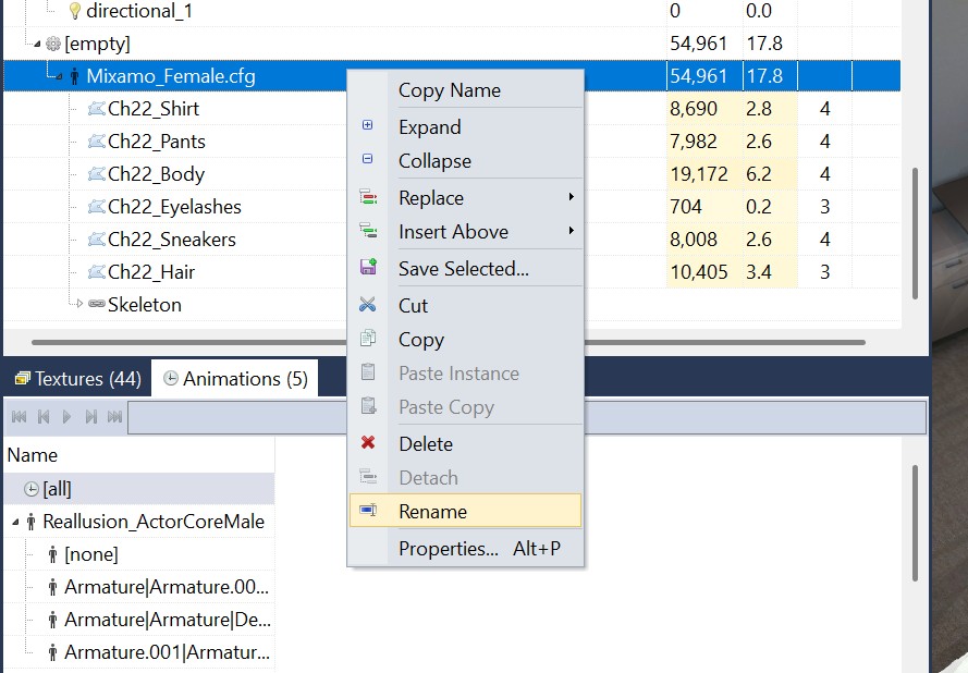 Avatar animation and morph settings in the GUI