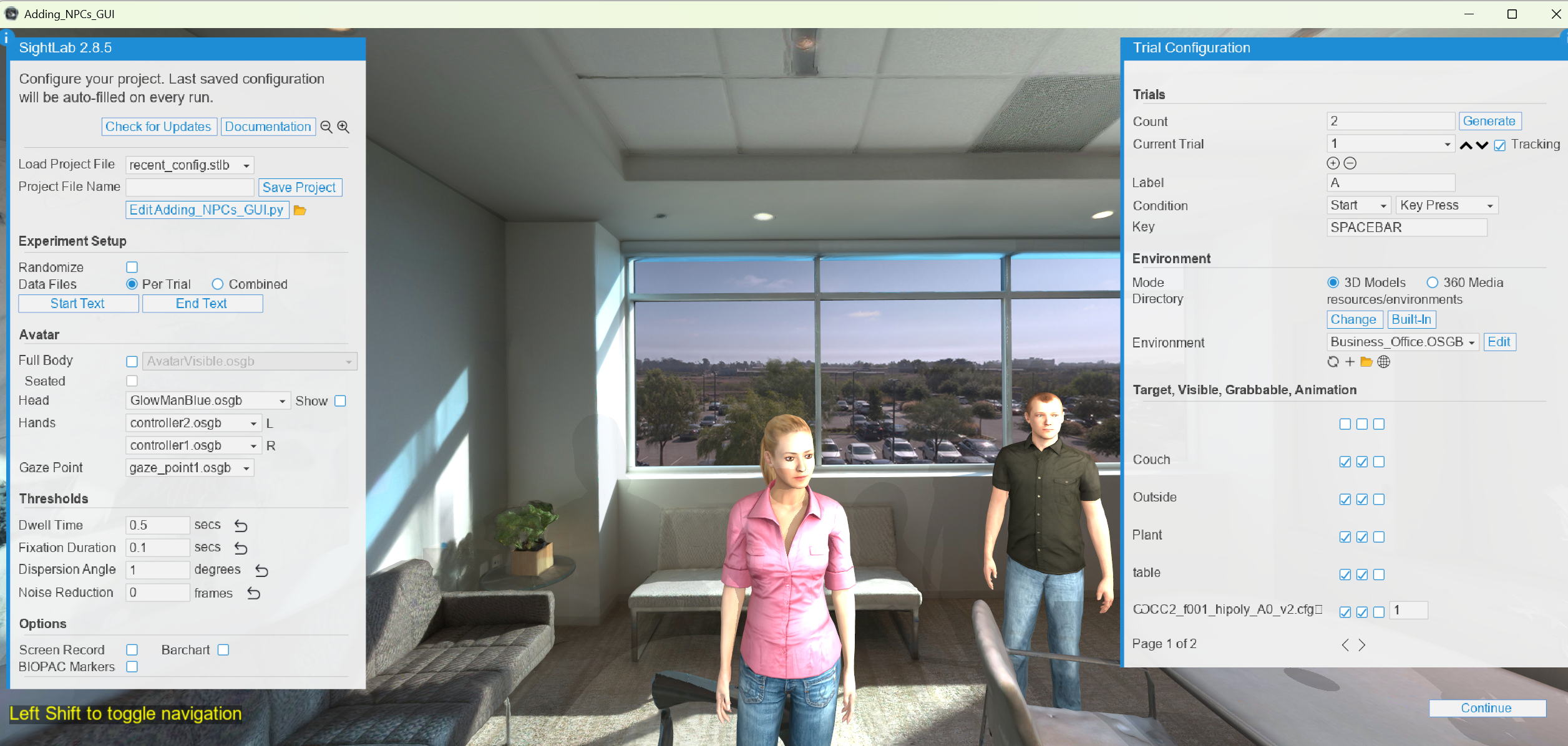 SightLab GUI avatar workflow settings