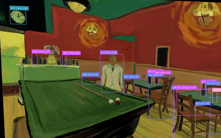 External Data Recorder 2.0 replay of a painted café scene, with AI-detected chairs, bottles, a clock, and a person outlined