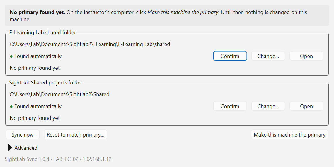 The SightLab Sync window before any PC is the primary