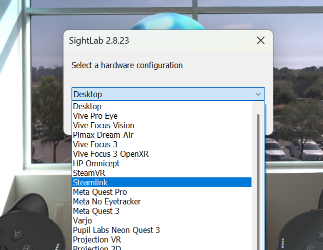 SightLab's hardware configuration list with Steamlink selected