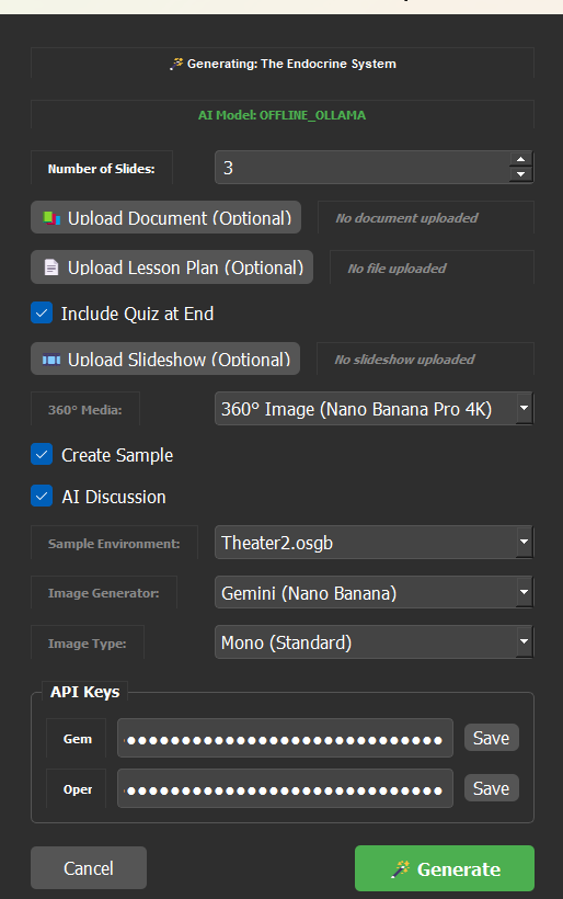Quiz and slide configuration options