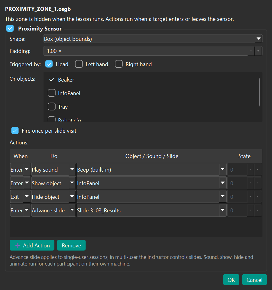 Proximity Sensor dialog