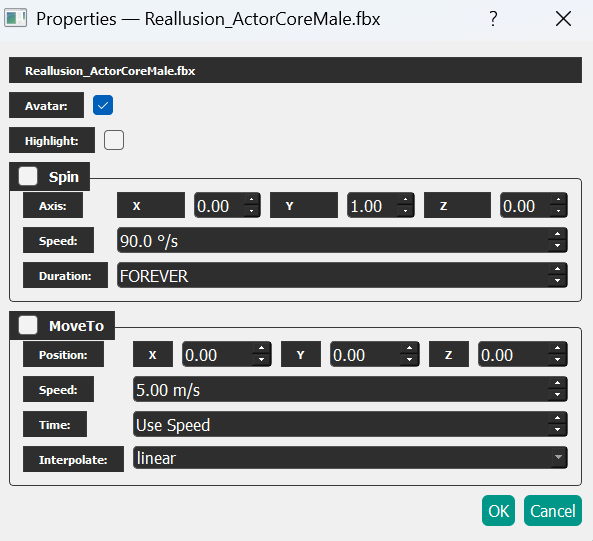 Object Properties window with Highlight, Spin, and MoveTo options
