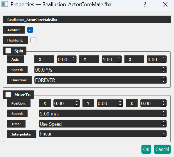 Object Properties window with Avatar, Spin, and MoveTo animation settings