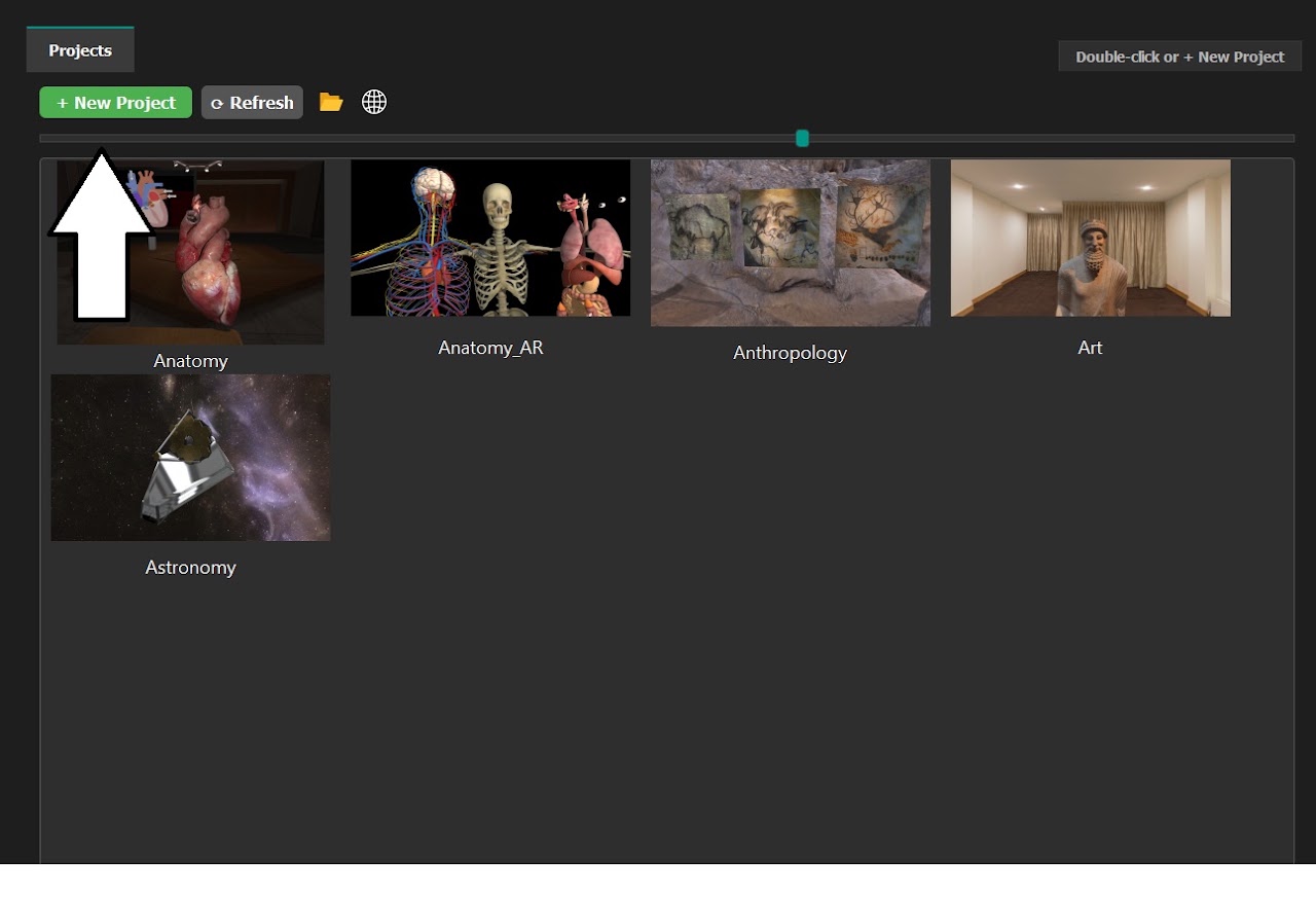 Project browser with the New Project button highlighted