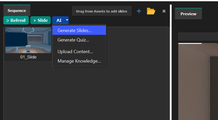 AI menu for generating slides, quizzes, and uploading content