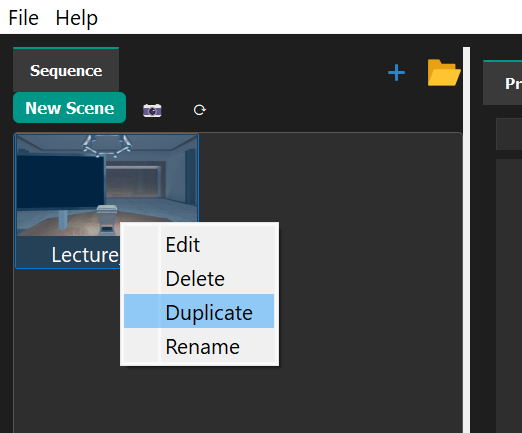 Scene right-click menu with Edit, Delete, Duplicate, and Rename