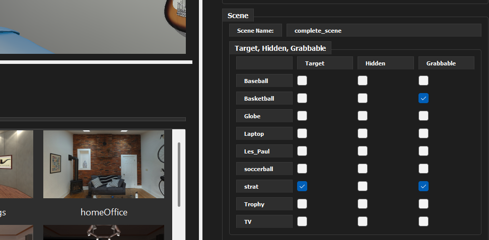 Target, Hidden, and Grabbable object settings