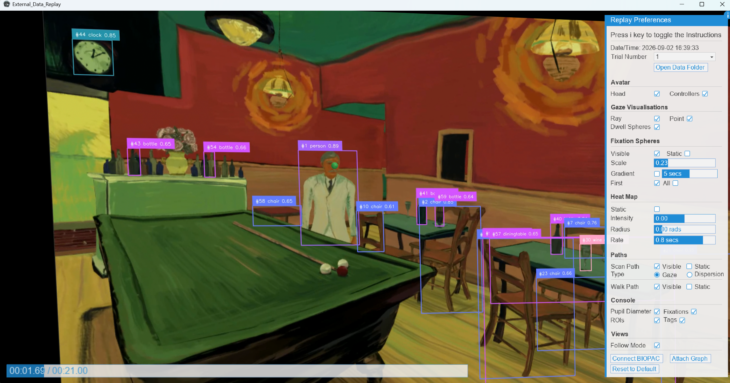 External Data Replay with AI-detected objects, including chairs, bottles, a clock, and a person, outlined in a painted café scene