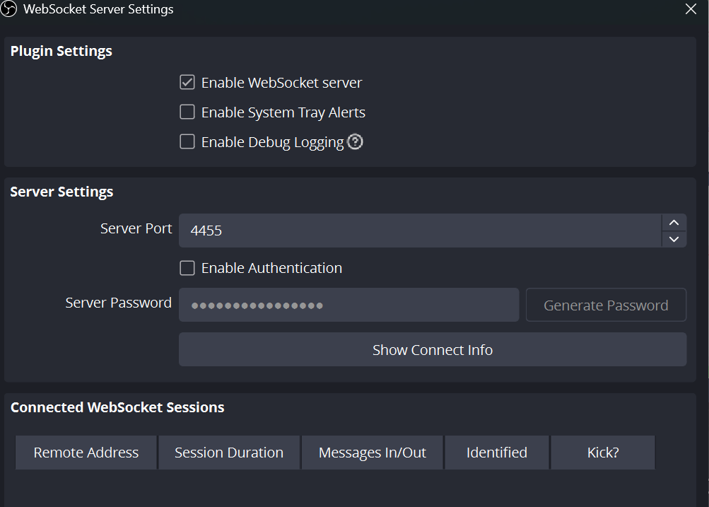 OBS WebSocket Server Settings with Enable WebSocket server checked, Server Port set to 4455, and Enable Authentication unchecked