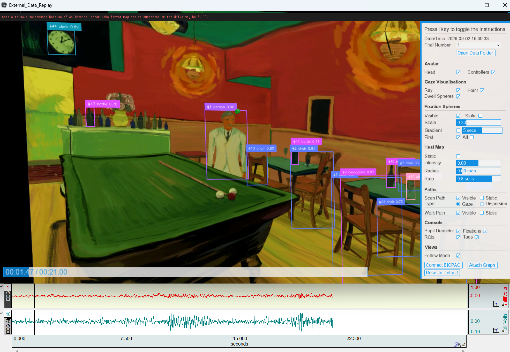 External Data Replay with AI-detected objects, including chairs, bottles, a clock, and a person, outlined in a painted café scene