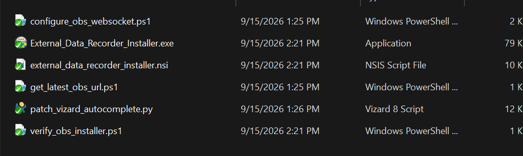 The installer folder, containing External_Data_Recorder_Installer.exe and its supporting scripts