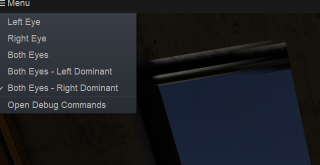 The VR View menu with Both Eyes - Right Dominant selected