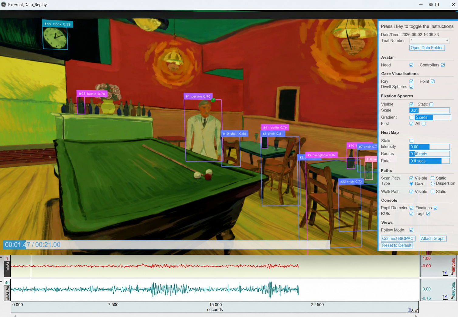 External Data Replay with AI-detected objects, including chairs, bottles, a clock, and a person, outlined in a painted café scene