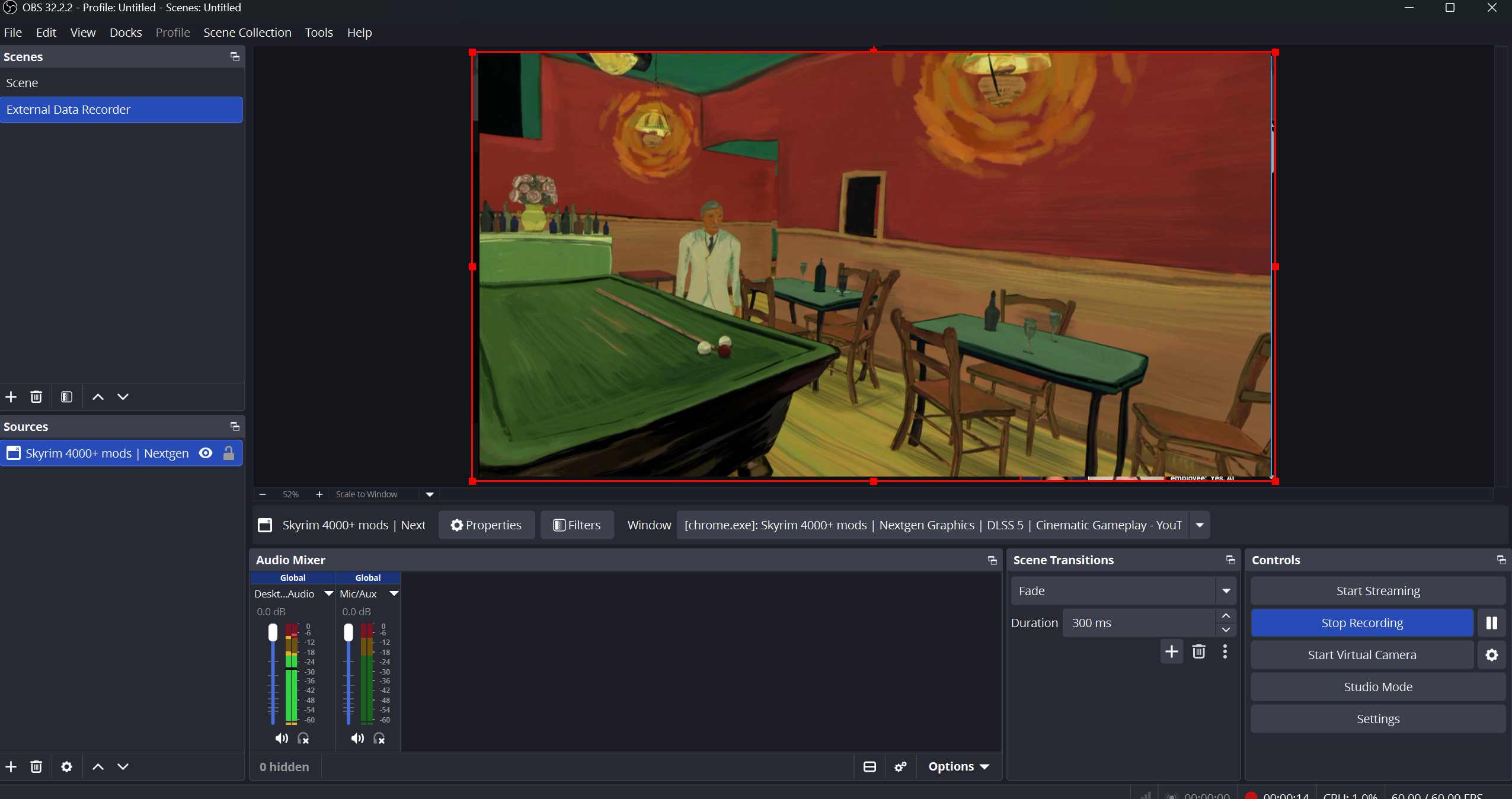 OBS recording the External Data Recorder scene, with Stop Recording active and the recording timer running