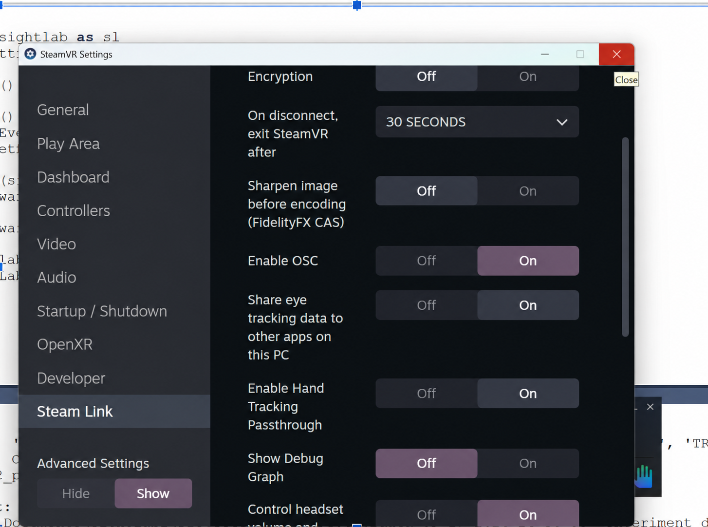 SteamVR Settings, Steam Link tab, with Enable OSC and Share eye tracking data to other apps on this PC turned on
