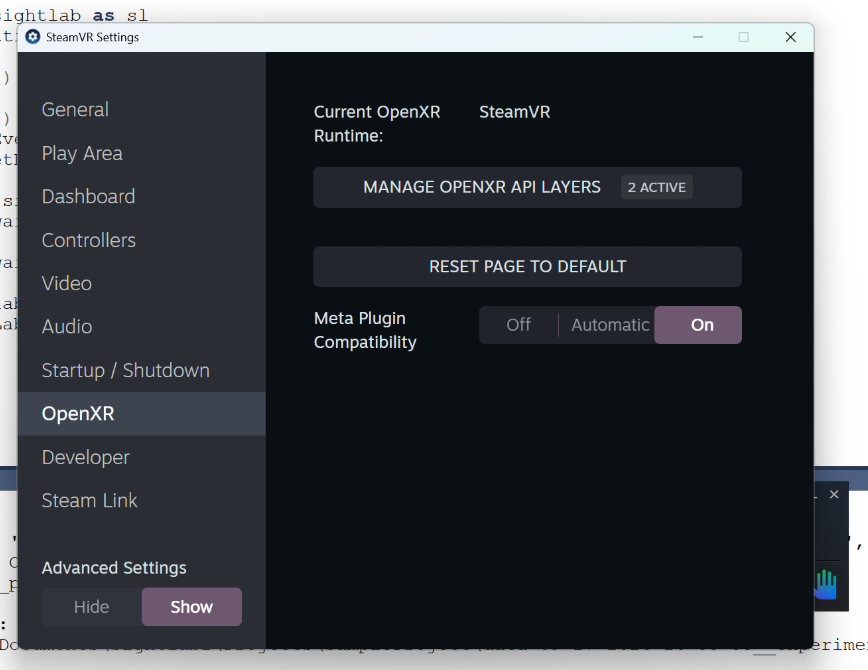 SteamVR Settings, OpenXR tab, with the Current OpenXR Runtime set to SteamVR and Meta Plugin Compatibility set to On